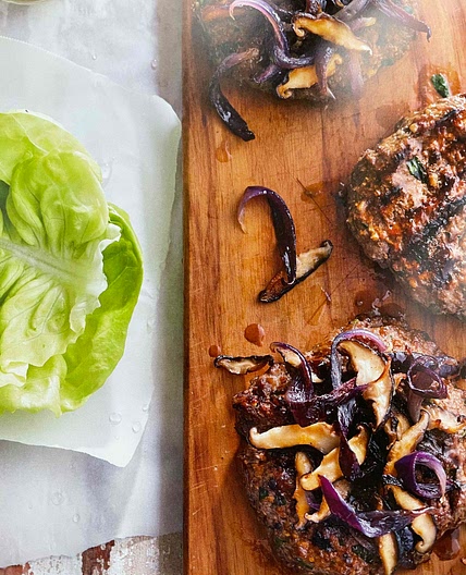 Grilled Bison Burgers with Caramelized Onions and Crispy Shiitakes