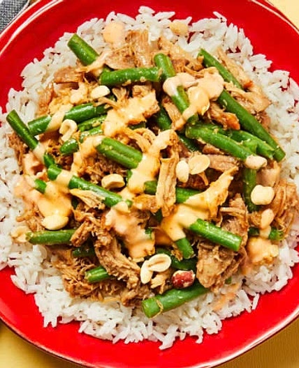 Sweet Soy Pulled Pork & Green Beans with Jasmine Rice, Sriracha 