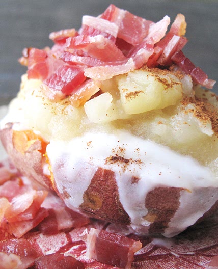 AIP / Breakfast Loaded Sweet Potato (Coconut Butter - Applesauce - Bacon - Cinnamon)