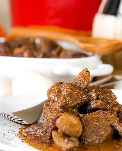 WILD BOAR STEW with mushroom and red wine