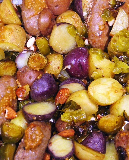 Sheet Pan Sausages and Brussels Sprouts (with Honey Mustard)