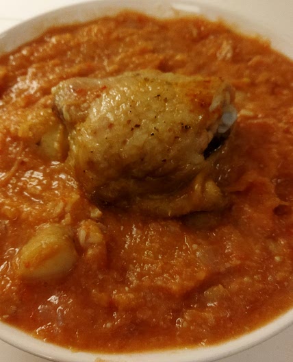 Tomato celery root spaghetti squash stew with baked chicken thighs