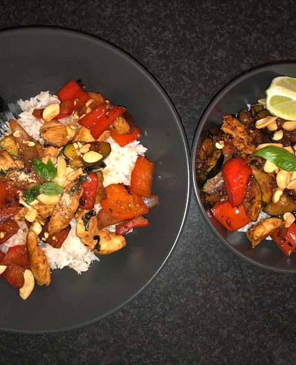 Thai basil chicken and mixed vegetable stir fry 