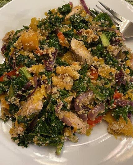 Hot Kale, Quinoa, Butternut Squash, and Grilled Chicken Salad with Maple Balsamic Vinaigrette