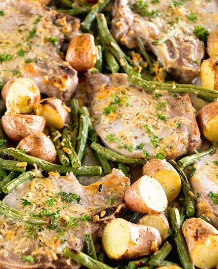 One Pan Parmesan Pork Chops and Veggies Recipe