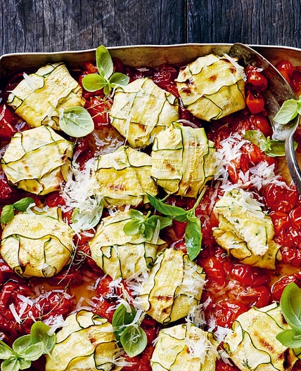Zucchini 3-Cheese Ravioli with Baked Tomato Sauce