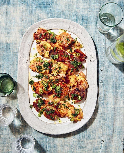 Mustardy Smashed New Potatoes with Jalapeño Gremolata