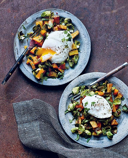 Roasted Pumpkin and Brussels Sprouts with Poached Eggs