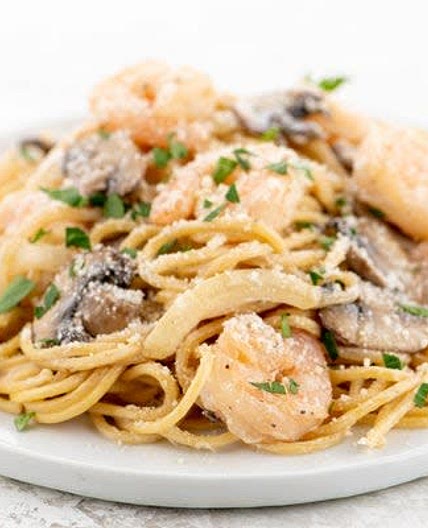 Shrimp Marsala Pasta with garlic and mushrooms