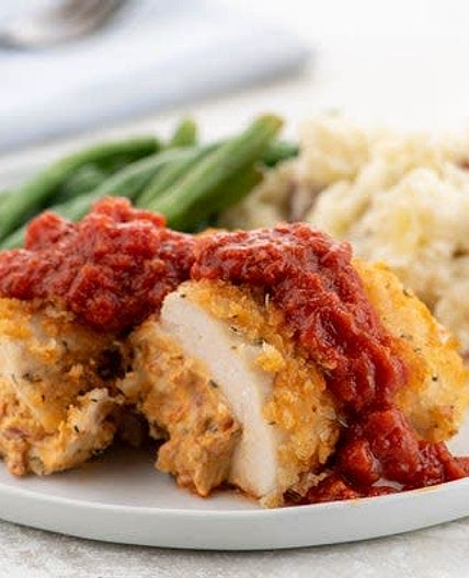 Creamy Stuffed Chicken with Parmesan Mashed Potatoes and green beans