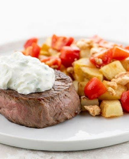 Mediterranean-Style Tzatziki Steak with potatoes and tomato relish