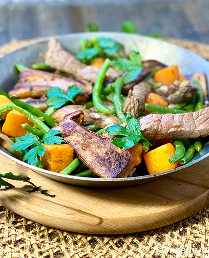 Recette de Sauté de boeuf aux Cèpes, Butternut et Haricots verts