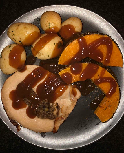 Pre cooked turkey with pumpkin and potatoes 