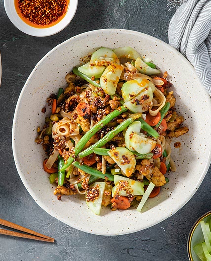 Szechuan Chile Noodles with Soy-Glazed Tempeh & Quick Pickles