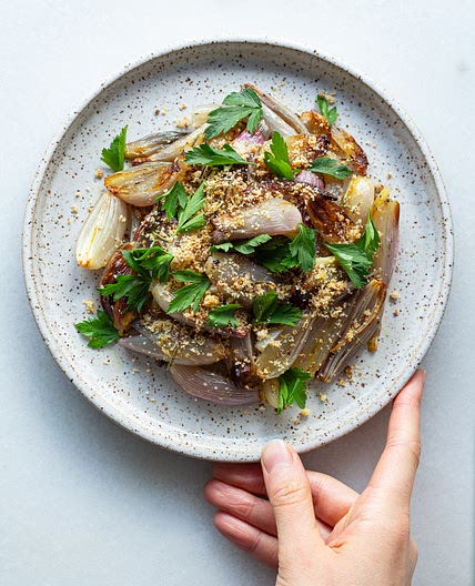 Roasted Shallots with Citrus "Breadcrumbs"