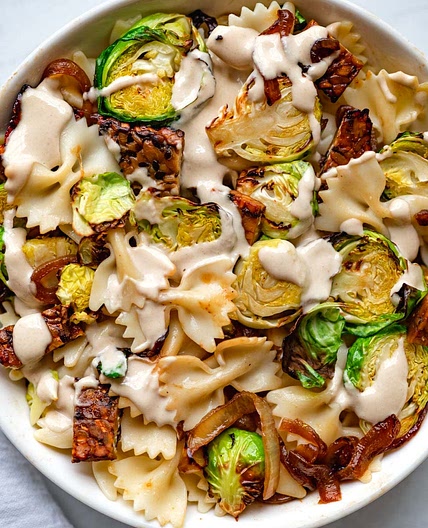 Tahini Pasta with Brussels & Tempeh Bacon