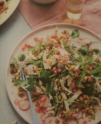 Vietnamese salad with sugar snap and radish, pistachio dressing
