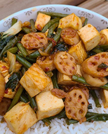 Baked Tofu, Lotus Root, French Bean, and Baby Bok Choy Stir-fry