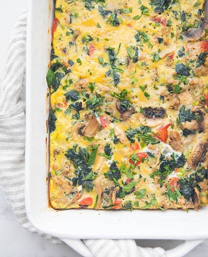 Whole30 Breakfast Casserole with Sausage, Eggs, Spinach, and Mushrooms