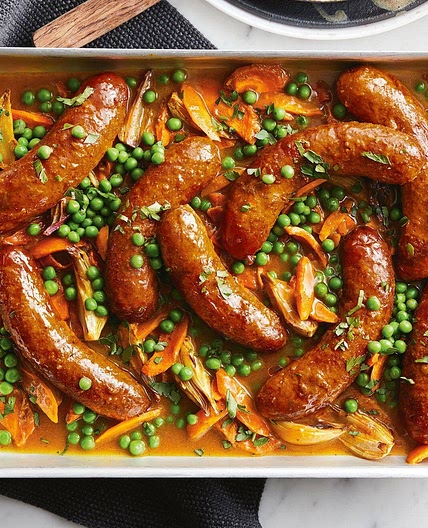 Super-easy curried sausage tray bake recipe