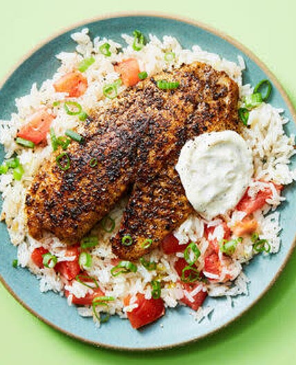 Blackened Tilapia with Tomato Rice & Garlic Aioli
