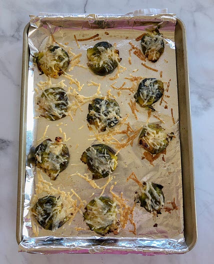 Smashed Brussels Sprouts with Vegan Cheese