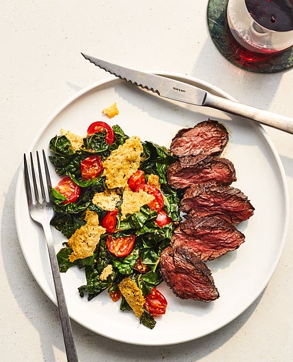 Hanger Steak With Warm Kale and Crispy Cheese Salad