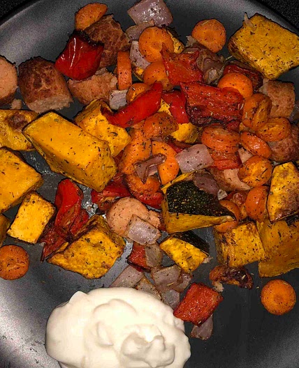 Vegetarian sausages and roast veg 