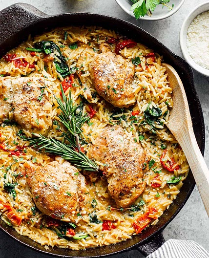 Tuscan Chicken and Orzo Skillet