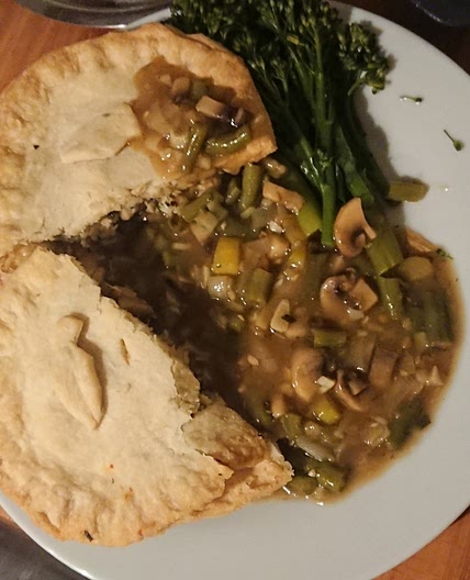 Trout, mushroom and leek pie with a vegetable broth