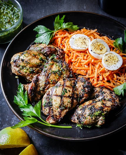 Nona’s Argentine Chicken Chimichurri (Pollo con Chimichurri) and Silvia’s Argentine Carrot & Hard Boiled Egg Salad (Zanahorias y Huevos)