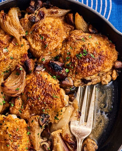 The Ultimate Dinner Party Main: Mustard and Wine-Braised Chicken Thighs with Mushrooms and Shallots