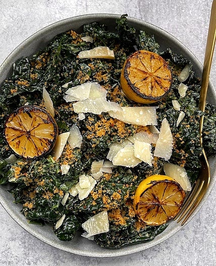 Roasted Garlic Kale Caesar with Spicy Breadcrumbs and Charred Lemon