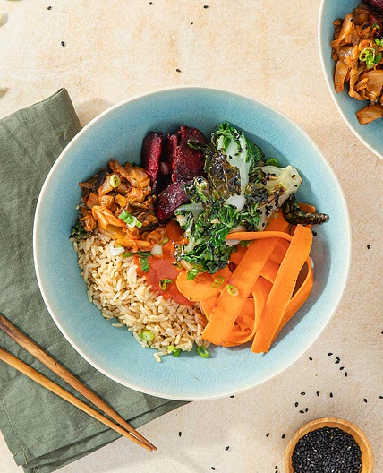 Korean Bibimbap with Gochujang Roasted Beets & Crispy Seeded Rice