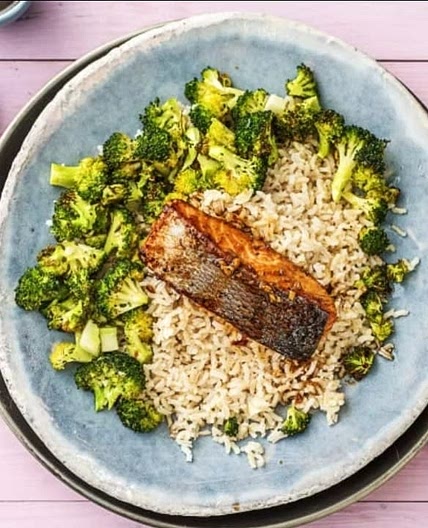 Asian Marinated Salmon with Roasted Broccoli and basmati rice