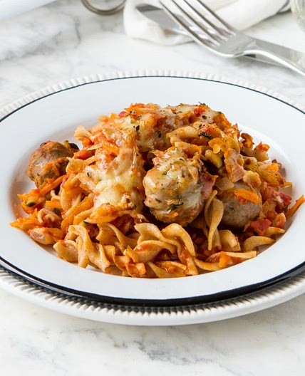Sausage & Veggie Pasta Bake high fibre 4 serves 527 calories each *