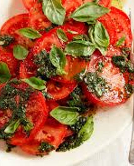 Tomato and basil salad 6 serves 16 calories  13 carbs 0.3g fat 1.3g protein *