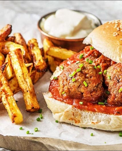 Barbecue Meatball Sandwiches with Homemade Fries and a Fresh Cucumber Salad
