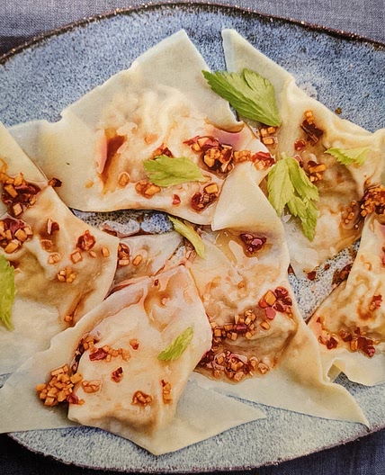 Celery and Peanut Wontons with chilli soy sauce