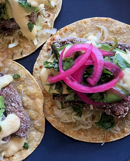 Spicy Zucchini Fry Tacos w/ Mango Crema
