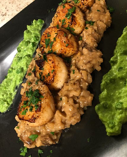 Scallops with Mushroom Risotto and Pea purée 