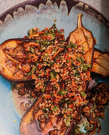 Aubergine Larb with sticky rice and shallot and peanut salad