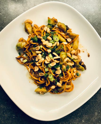 Sweet Potato Noodles with Shrimp and Thai Almond Sauce