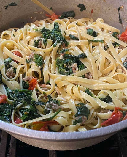Sausage, Tomato, and Spinach Fettuccine