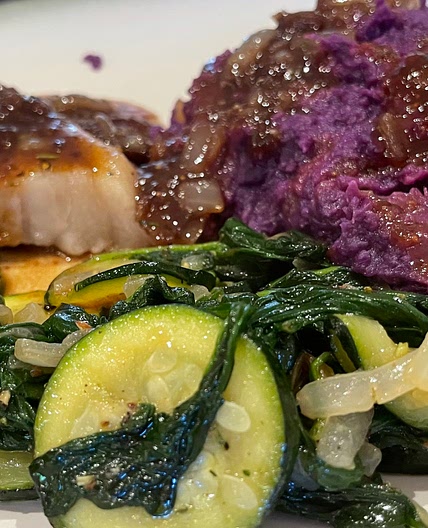 Pork Chops with Fig Sauce, Zucchini, Purple Sweet Potato Mash