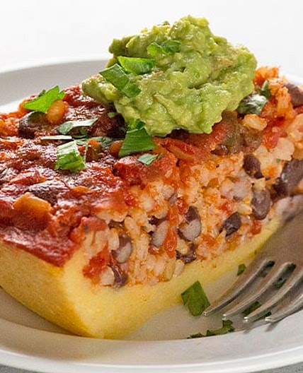 Polenta Pie with Rice & Beans, Salsa, and Guacamole