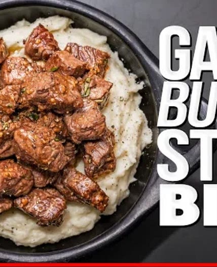 Garlic butter steak bites and mashed potatoes