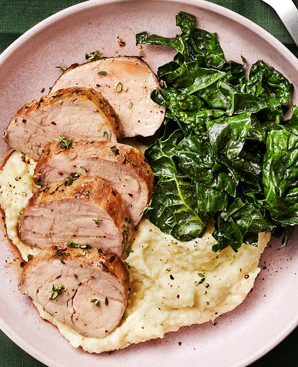 Garlic-Herb Roast Pork Tenderloin with Parsnip Puree & Kale