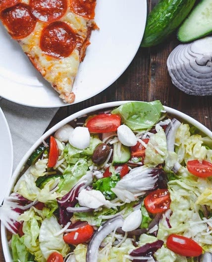 Pizza, Garden Salad, Carrots & Fruit