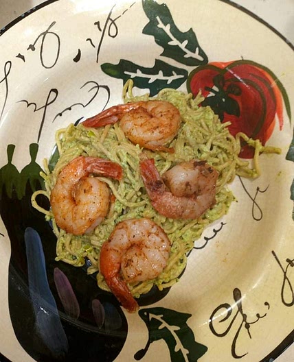 Green Spaghetti and Grilled Shrimp